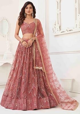 Onion Pink Thread Sequin Embroidered Net Lehenga Set