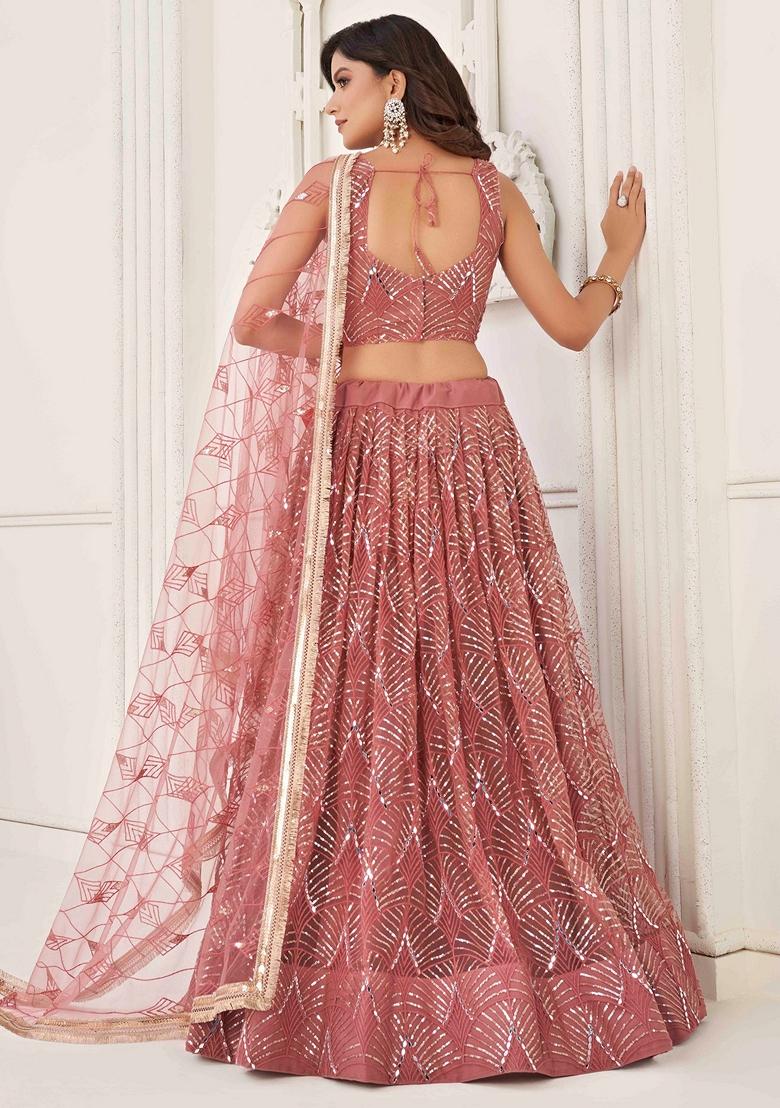 Onion Pink Thread Sequin Embroidered Net Lehenga Set