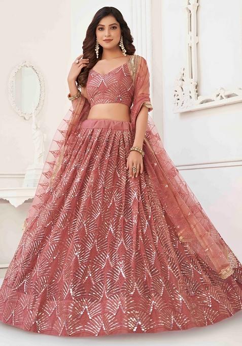 Onion Pink Thread Sequin Embroidered Net Lehenga Set