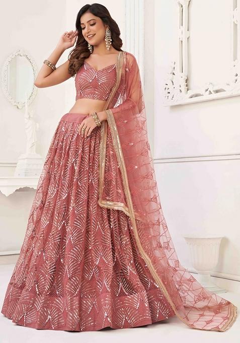 Onion Pink Thread Sequin Embroidered Net Lehenga Set
