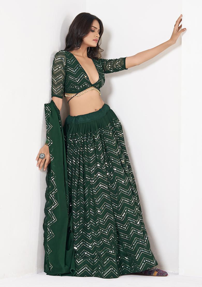 Green Sequin Embroidered Georgette Lehenga Set