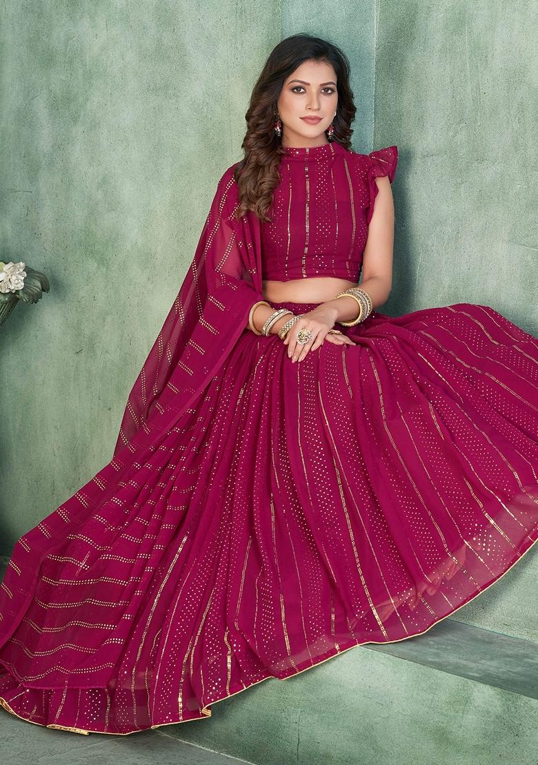Dark Pink Sequin Embroidered Georgette Lehenga Set