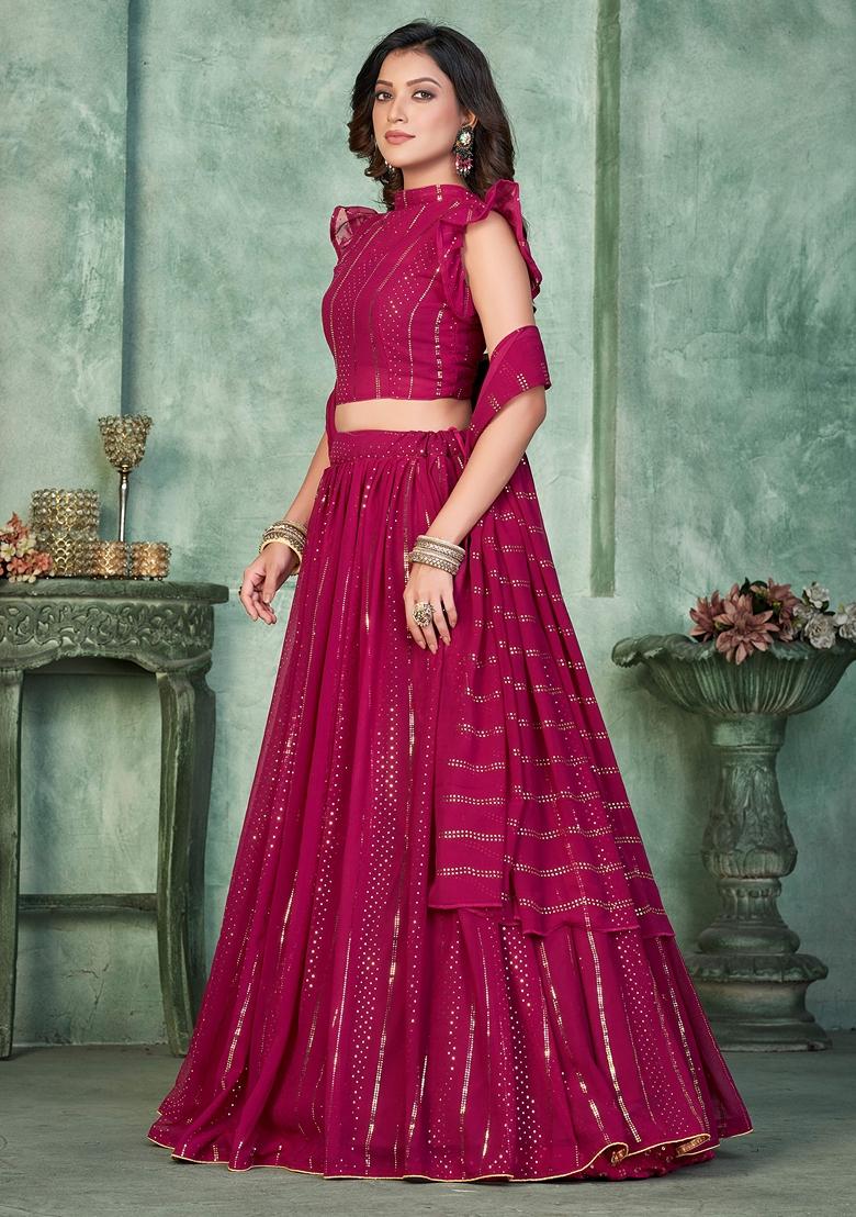 Dark Pink Sequin Embroidered Georgette Lehenga Set