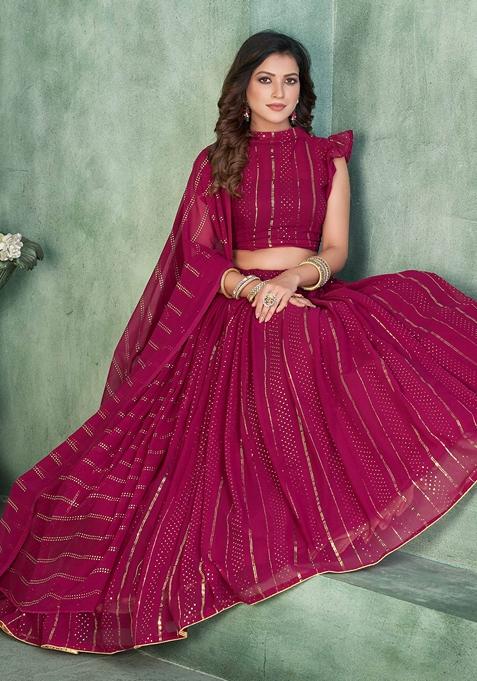 Dark Pink Sequin Embroidered Georgette Lehenga Set