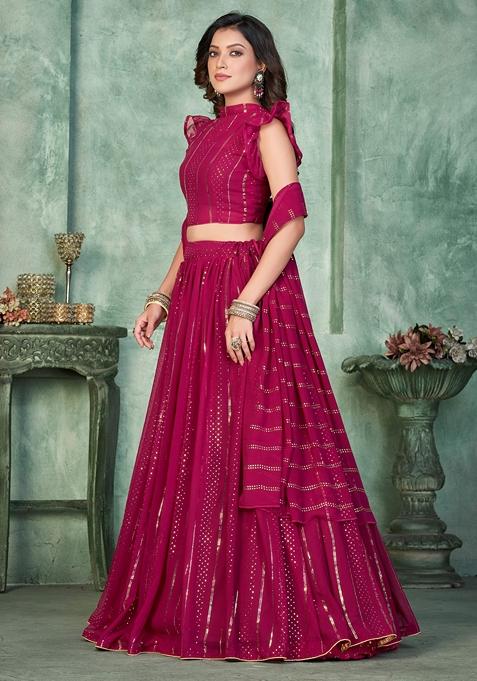 Dark Pink Sequin Embroidered Georgette Lehenga Set