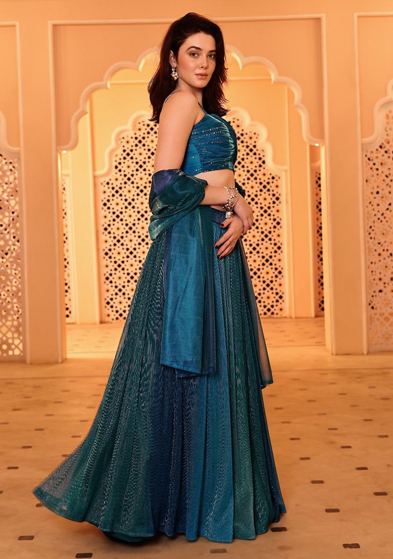 Dark Aqua Blue Embellished Net Lehenga Set