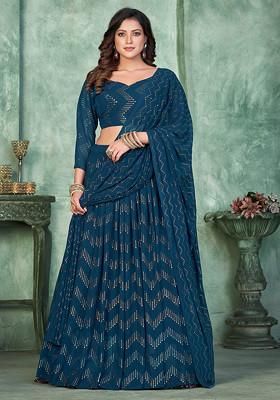 Aqua Blue Sequin Embroidered Georgette Lehenga Set