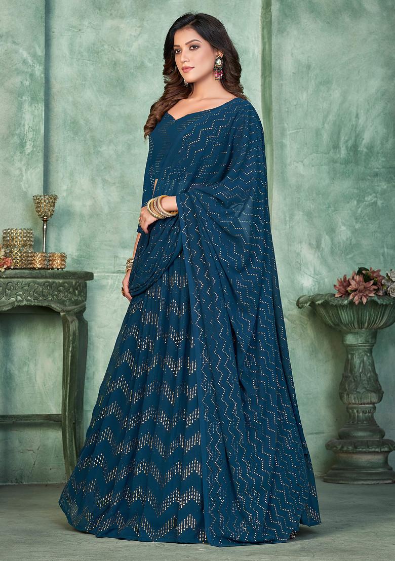 Aqua Blue Sequin Embroidered Georgette Lehenga Set