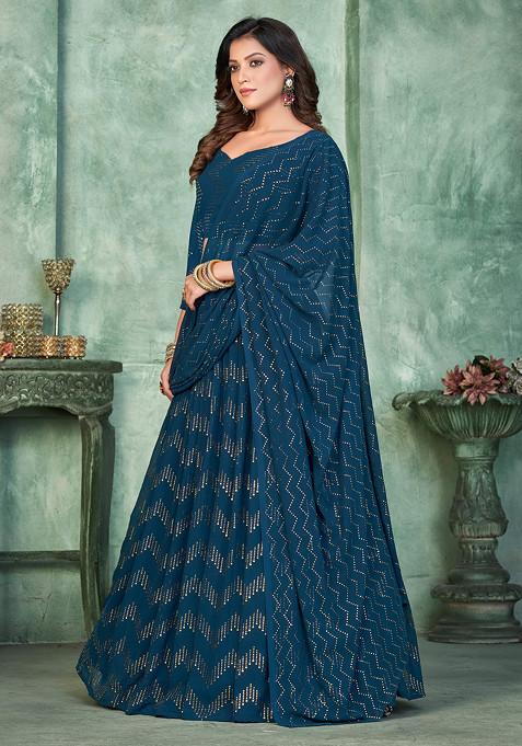 Aqua Blue Sequin Embroidered Georgette Lehenga Set