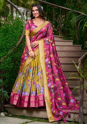 Mustard Zari Weaving Kalamkari Print Lehenga Set