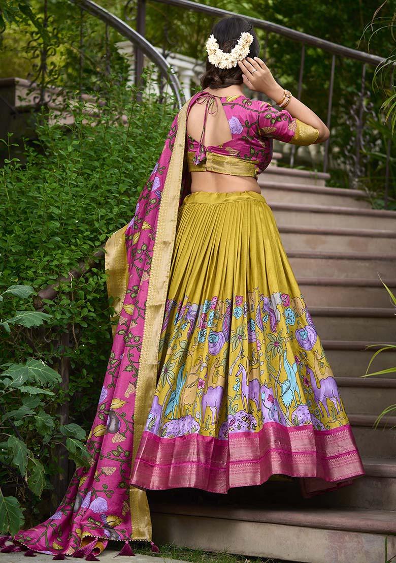 Mustard Zari Weaving Kalamkari Print Lehenga Set