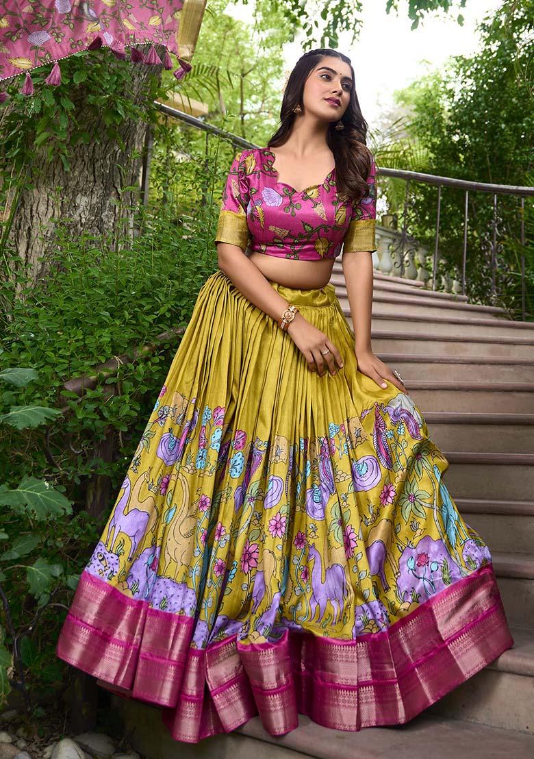 Mustard Zari Weaving Kalamkari Print Lehenga Set