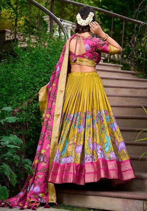 Mustard Zari Weaving Kalamkari Print Lehenga Set