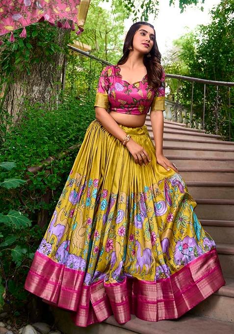 Mustard Zari Weaving Kalamkari Print Lehenga Set