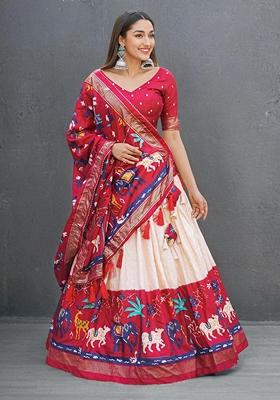 Maroon Foil Print Dola Silk Lehenga Set