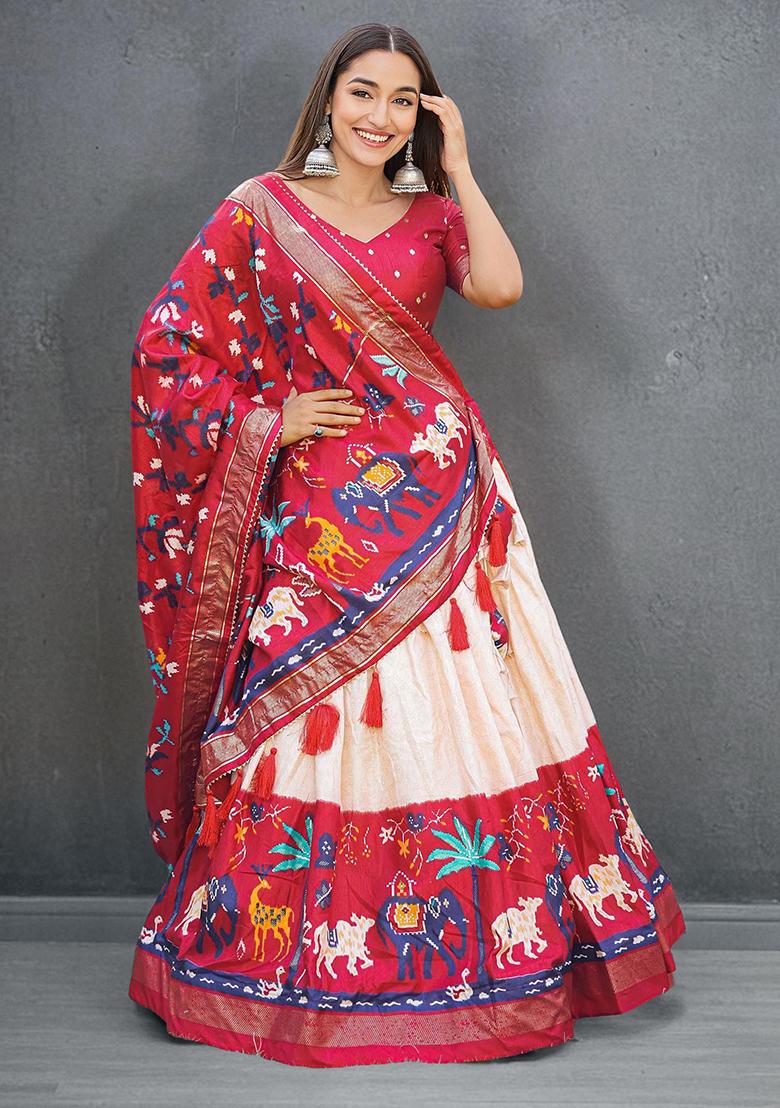 Maroon Foil Print Dola Silk Lehenga Set