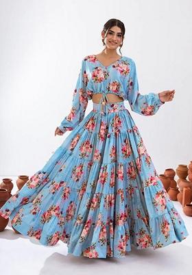 Turquoise Blue Printed Heavy Airtex Chinon Lehenga Set