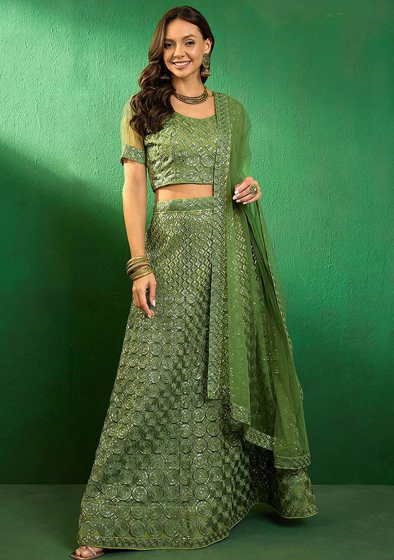 Green Sequin Embellished Lehenga Set - Indya