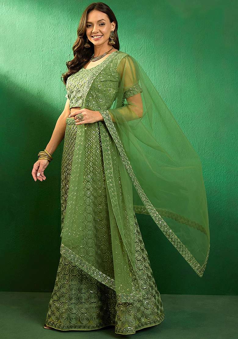 Green Sequin Embellished Lehenga Set - Indya