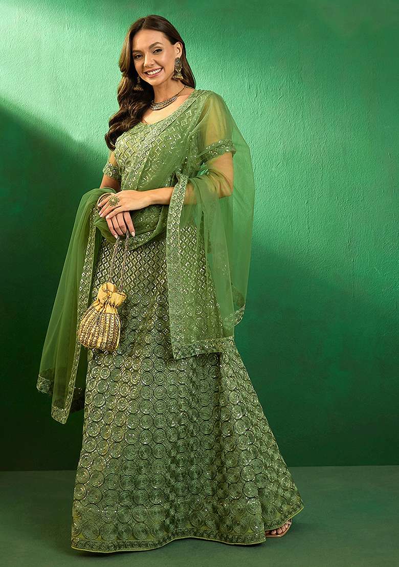 Green Sequin Embellished Lehenga Set - Indya