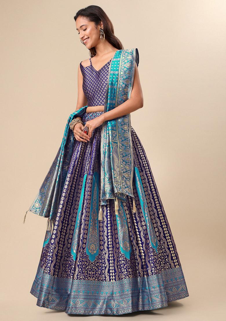 Turquoise Blue Embroidered Brocade Zari Woven Lehenga Set