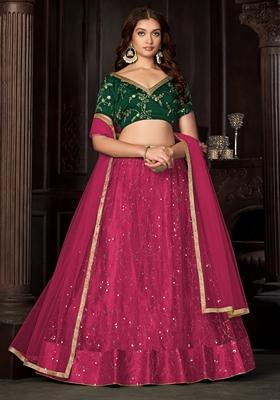 Dark Pink Sequin Embroidered Net Lehenga Set