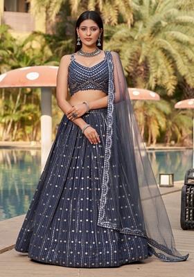 Grey Mirror Paper Embroidered Georgette Lehenga Set