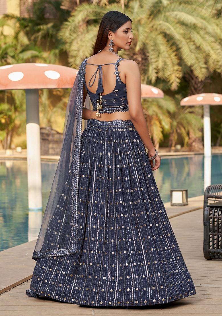 Grey Mirror Paper Embroidered Georgette Lehenga Set