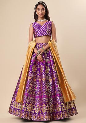 Purple Woven Zari Jacquard Lehenga Set