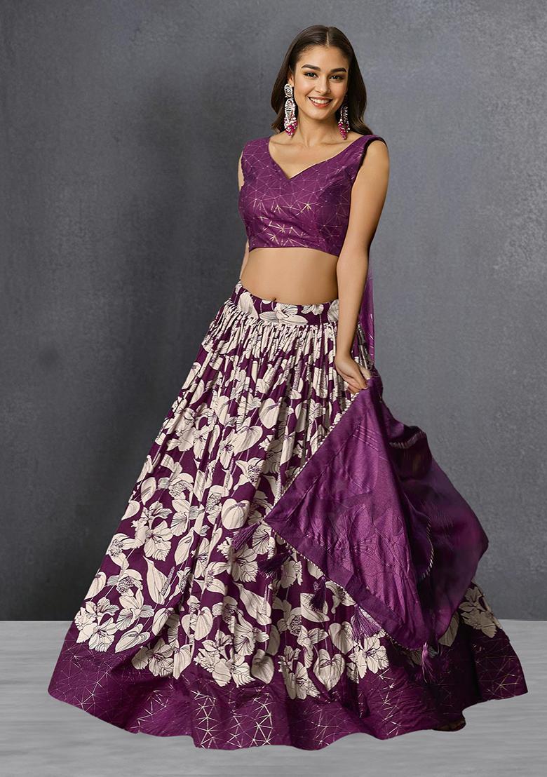Wine Floral Foil Print Tussar Silk Lehenga Set