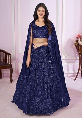 Blue Thread Sequin Embroidered Georgette Lehenga Set
