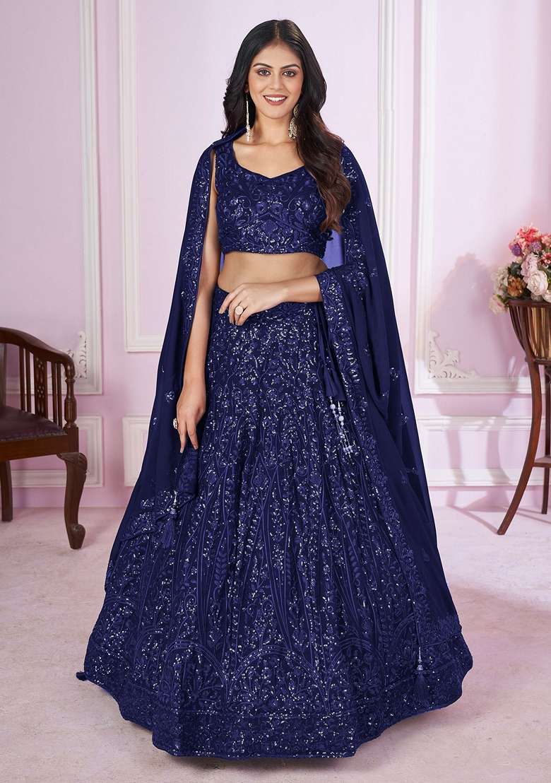 Blue Thread Sequin Embroidered Georgette Lehenga Set - Indya