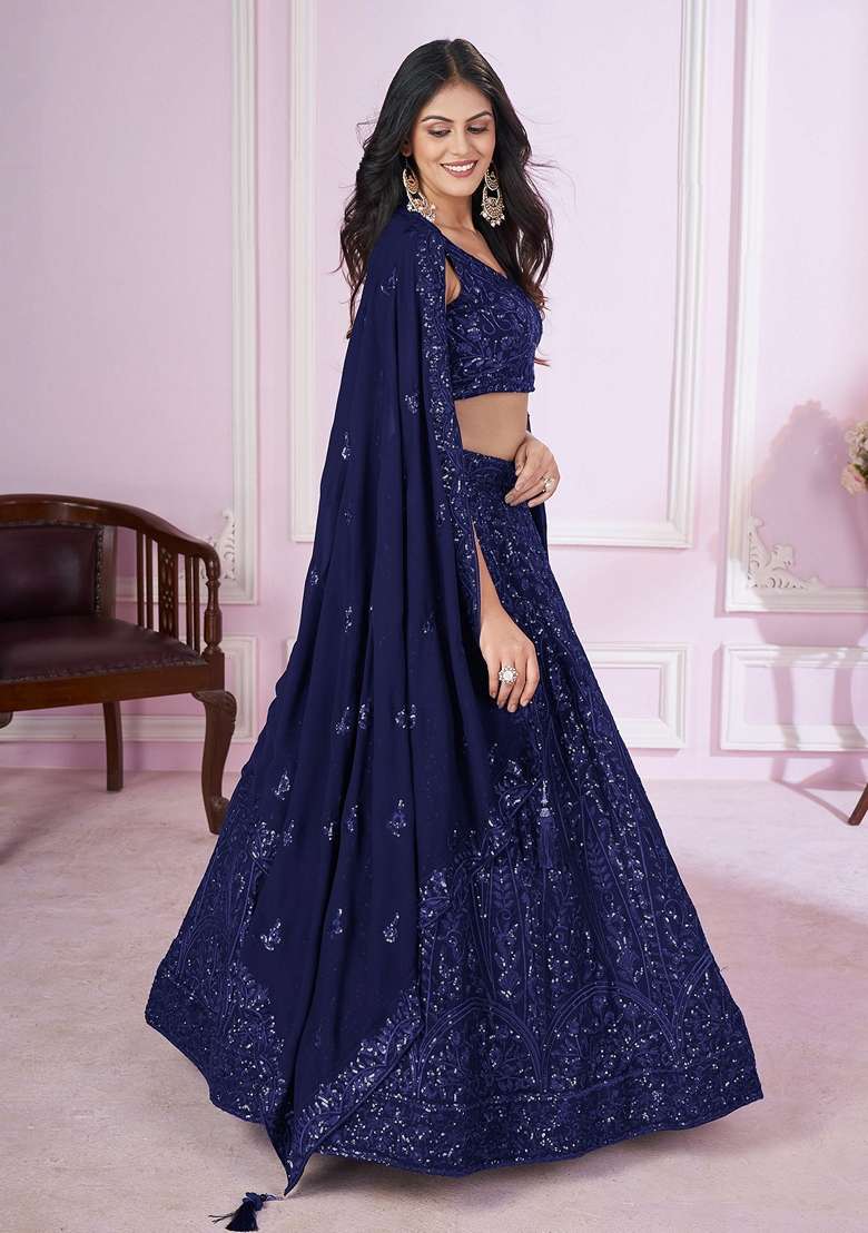 Blue Thread Sequin Embroidered Georgette Lehenga Set - Indya