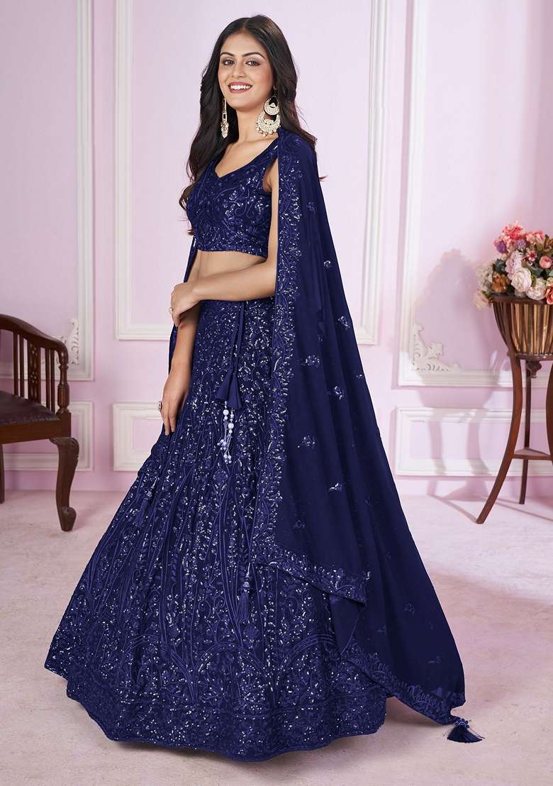 Blue Thread Sequin Embroidered Georgette Lehenga Set - Indya