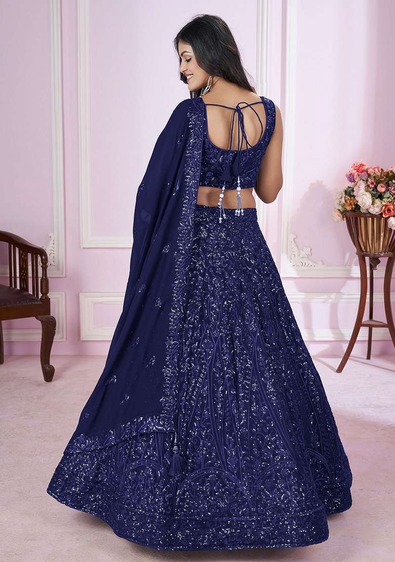 Blue Thread Sequin Embroidered Georgette Lehenga Set - Indya