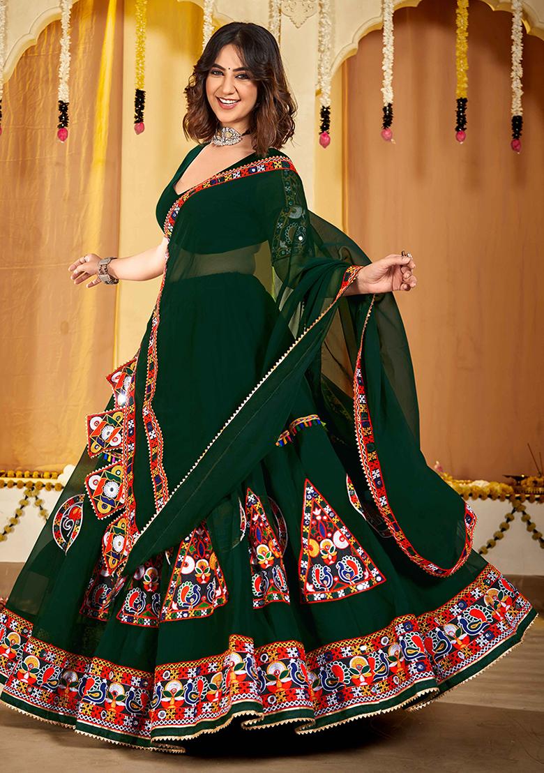 Green Embroidered Georgette Lehenga Set