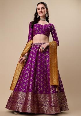 Violet Embroidered Brocade Zari Woven Lehenga Set