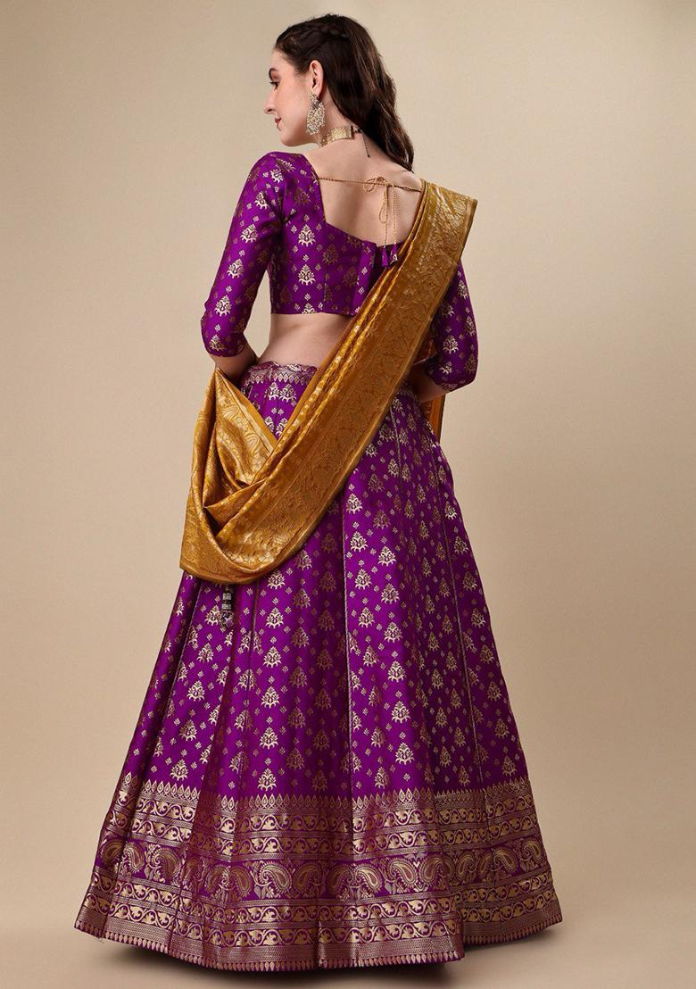Violet Embroidered Brocade Zari Woven Lehenga Set