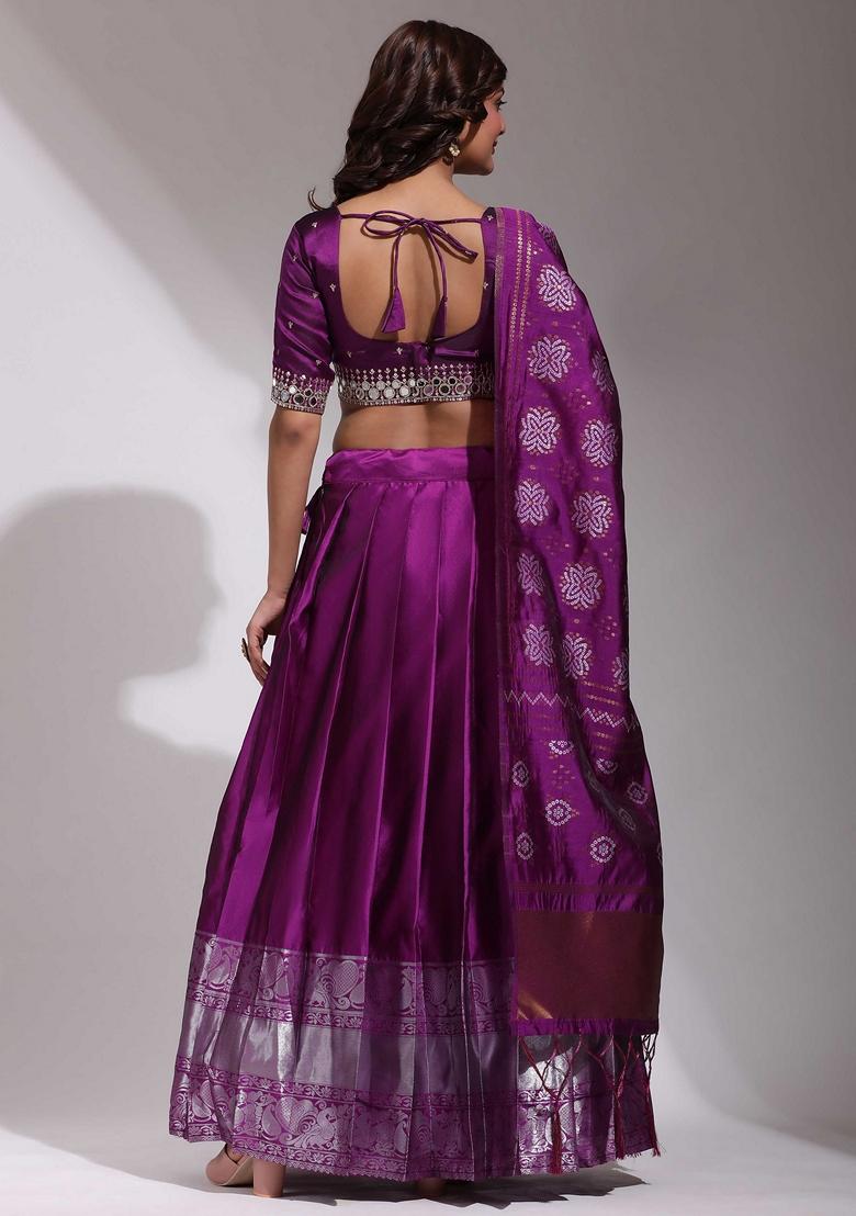 Purple Woven Design Zari Embroidered Litchi Silk Lehenga Set
