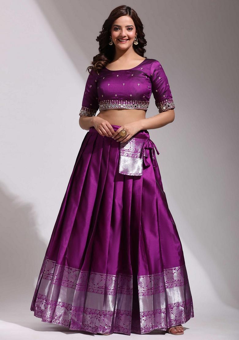 Purple Woven Design Zari Embroidered Litchi Silk Lehenga Set