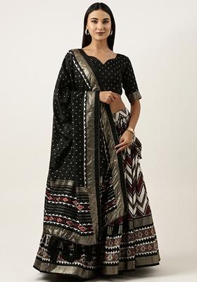 Black Leheriya Print Tussar Silk Lehenga Set