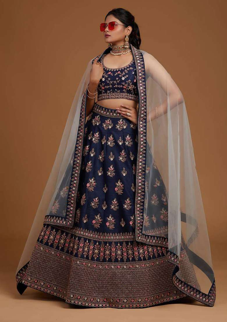 Blue Thread Embroidered Silk Blend Lehenga Set - Indya