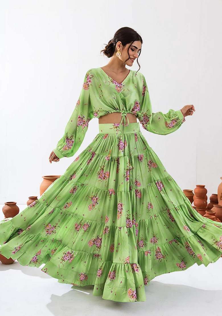 Pista Green Printed Heavy Airtex Chinon Lehenga Set - Indya