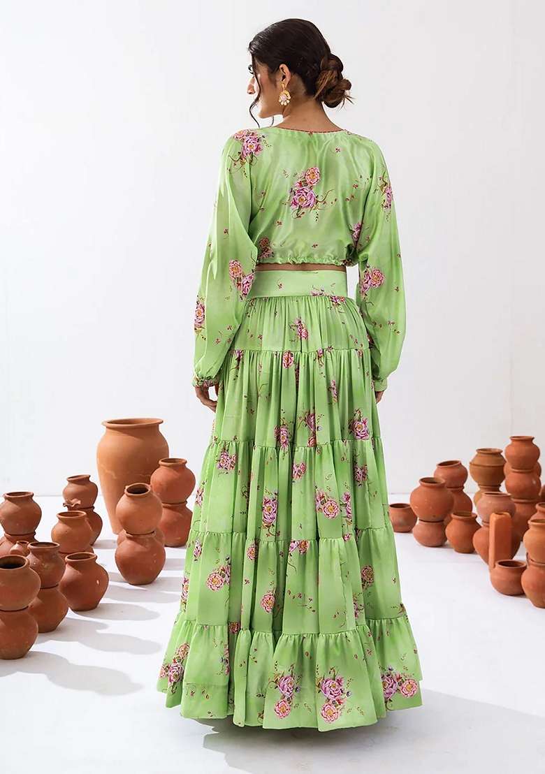 Pista Green Printed Heavy Airtex Chinon Lehenga Set - Indya