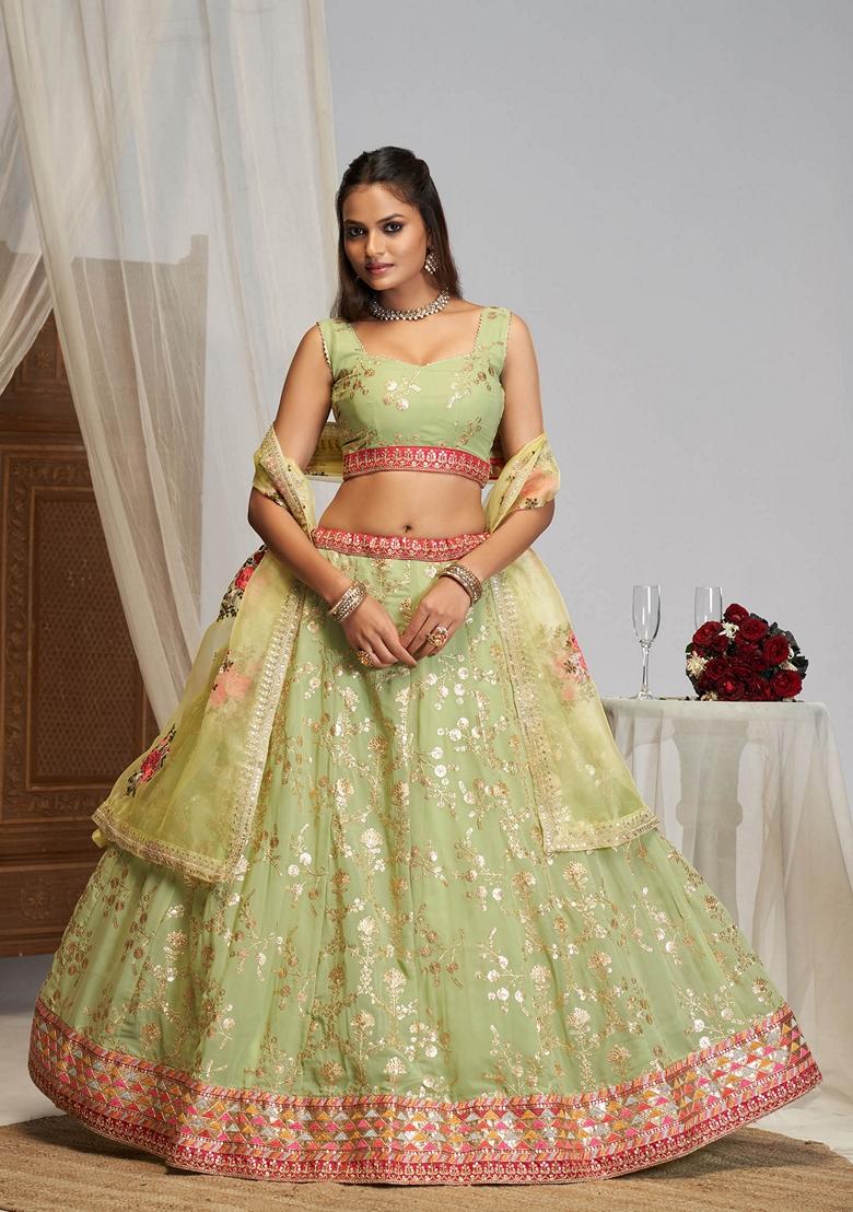Pista Green Thread Sequin Embroidered Georgette Lehenga Set