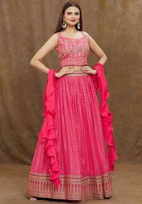 Pink Digital Print Embroidered Chinon Silk Lehenga Set