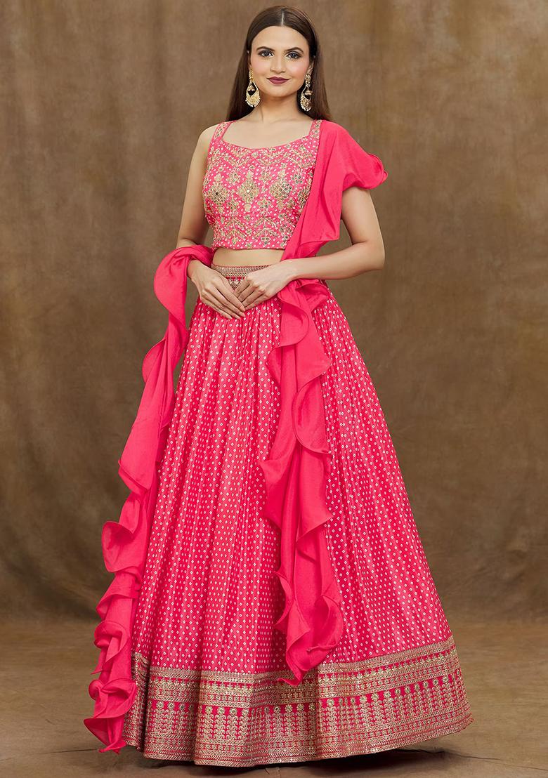 Pink Digital Print Embroidered Chinon Silk Lehenga Set