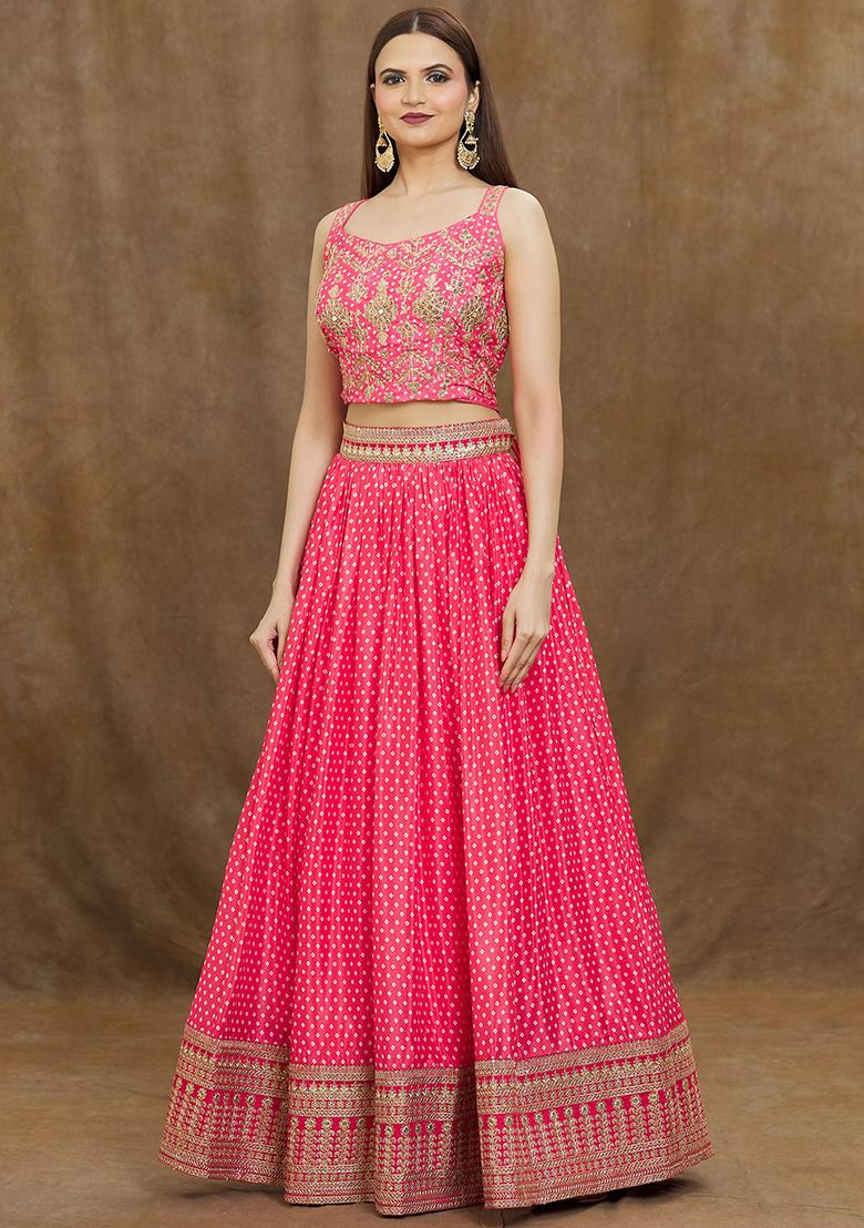 Pink Digital Print Embroidered Chinon Silk Lehenga Set