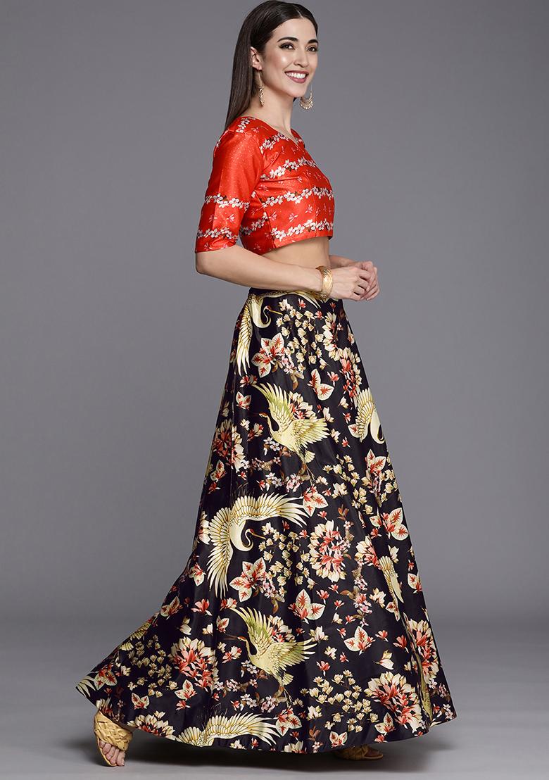 Black Printed Satin Lehenga Set