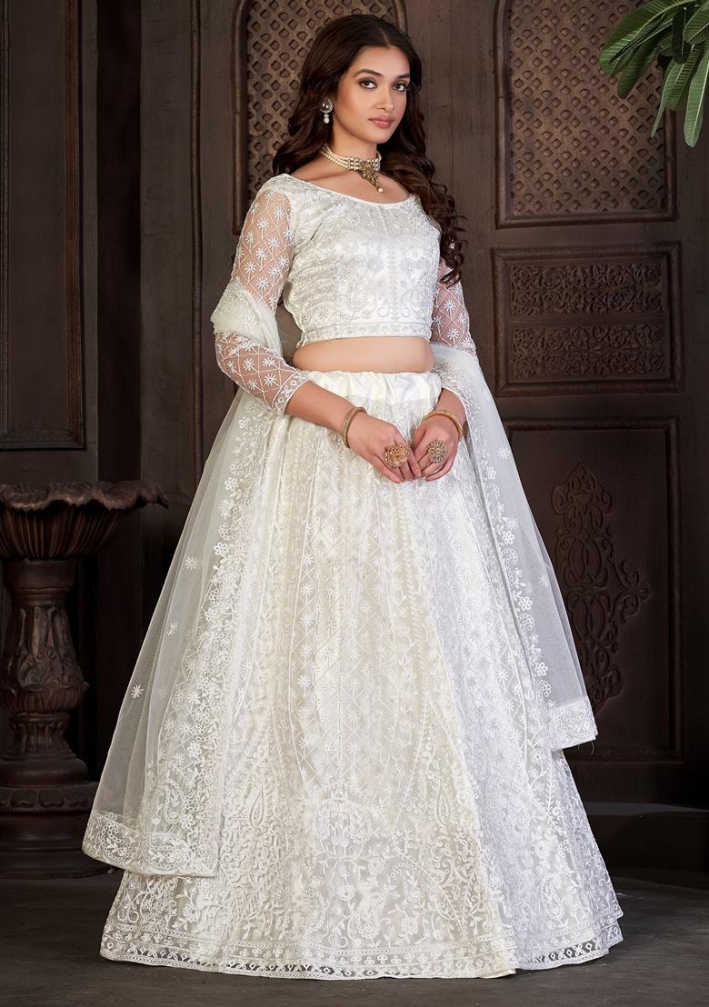 White Embroidered Net Lehenga Set